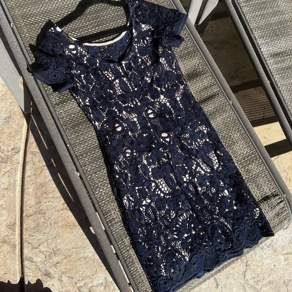 Navy blue lace cocktail dress S - Picture 2 of 7
